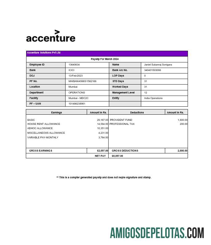 Comprovante de pagamento da Accenture Solutions exemplo real